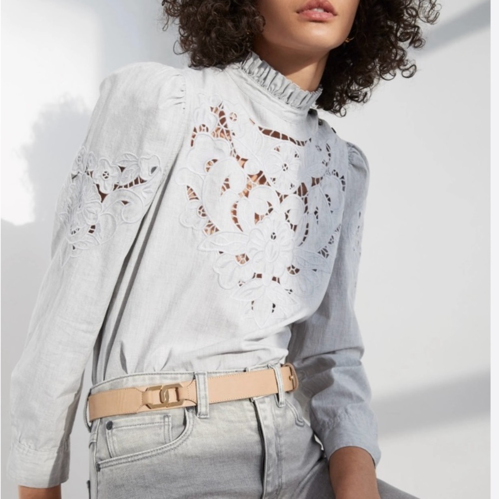 La vie Rebecca Taylor Lace-Yoke High-Neck Blouse in Light Gray size S